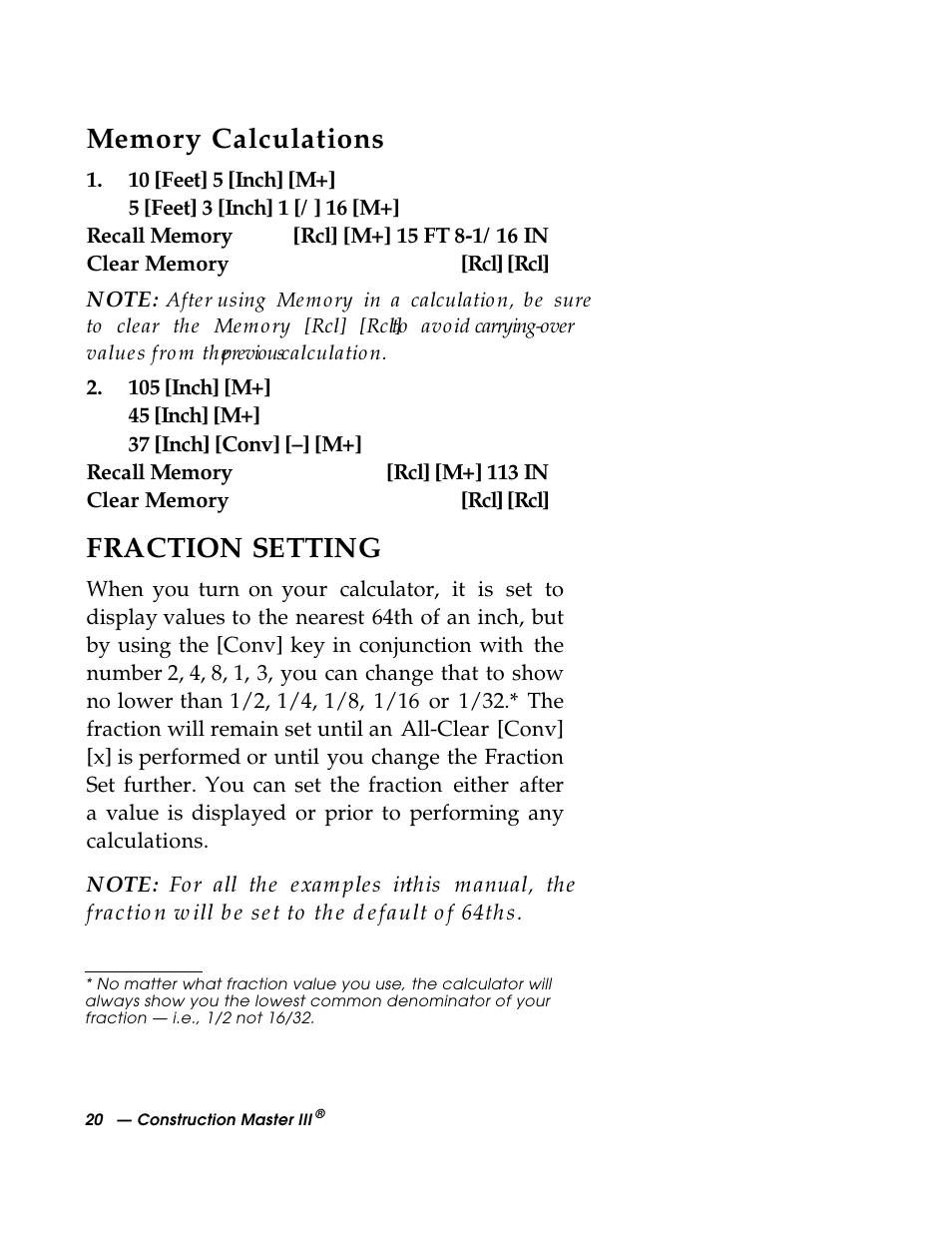 Fraction setting | Calculated Industries 3088 User Manual | Page 20 / 55