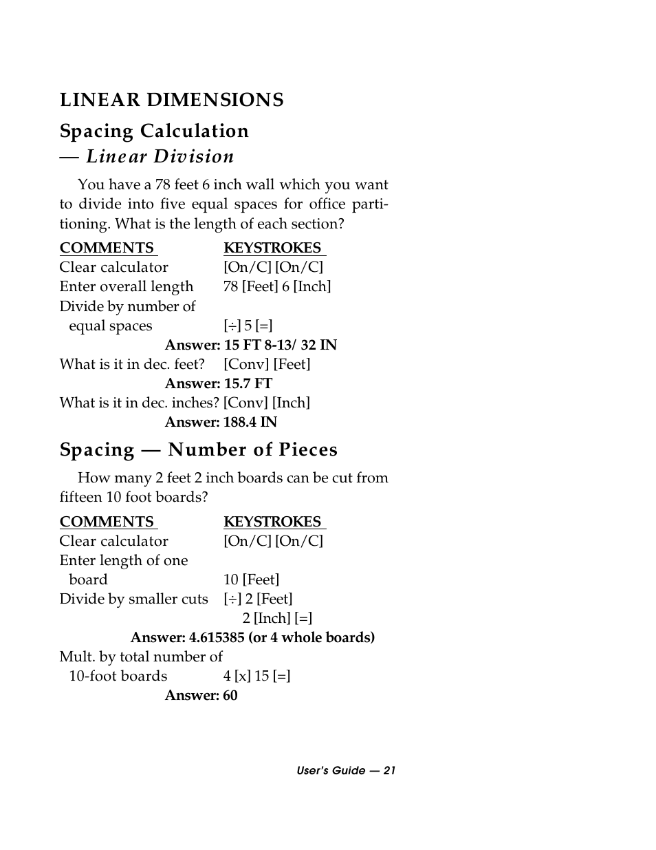 Spacing — number of pieces | Calculated Industries 3088 User Manual | Page 21 / 55