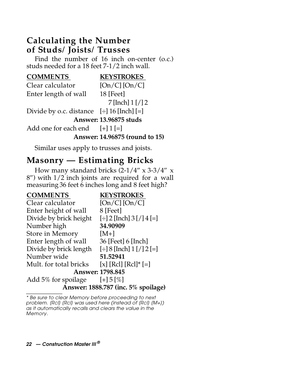 Calculating the number of studs/joists/trusses, Masonry — estimating bricks | Calculated Industries 3088 User Manual | Page 22 / 55