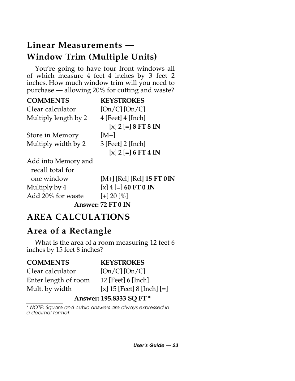Linear measurements — window trim (multiple units), Area calculations area of a rectangle | Calculated Industries 3088 User Manual | Page 23 / 55