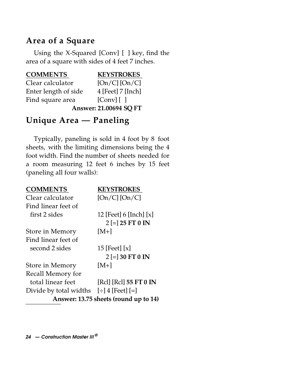Area of a square, Unique area — paneling | Calculated Industries 3088 User Manual | Page 24 / 55