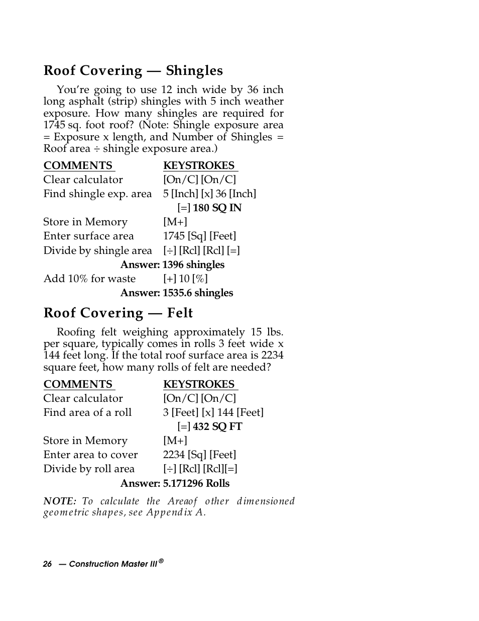 Roof covering — shingles, Roof covering — felt | Calculated Industries 3088 User Manual | Page 26 / 55