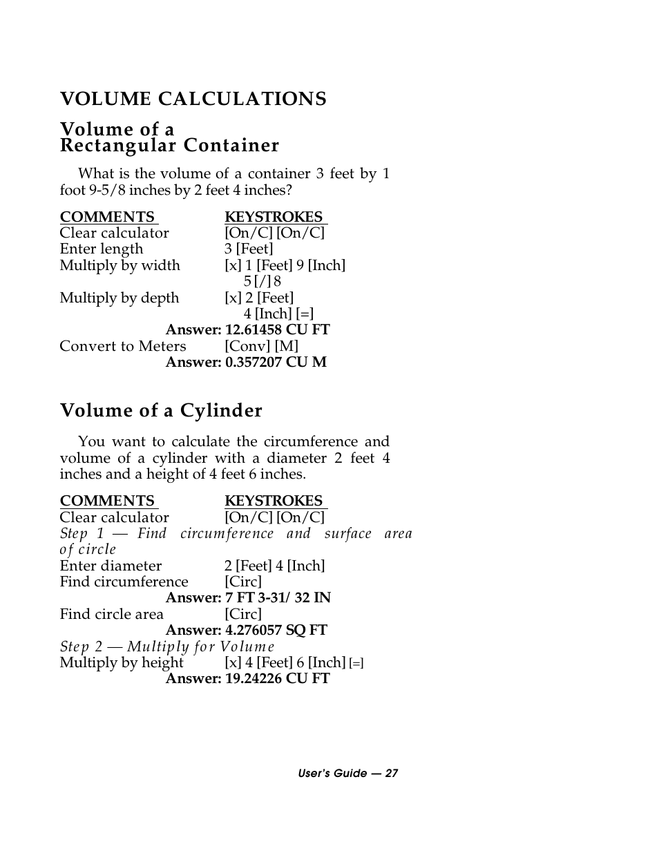 Volume of a cylinder | Calculated Industries 3088 User Manual | Page 27 / 55