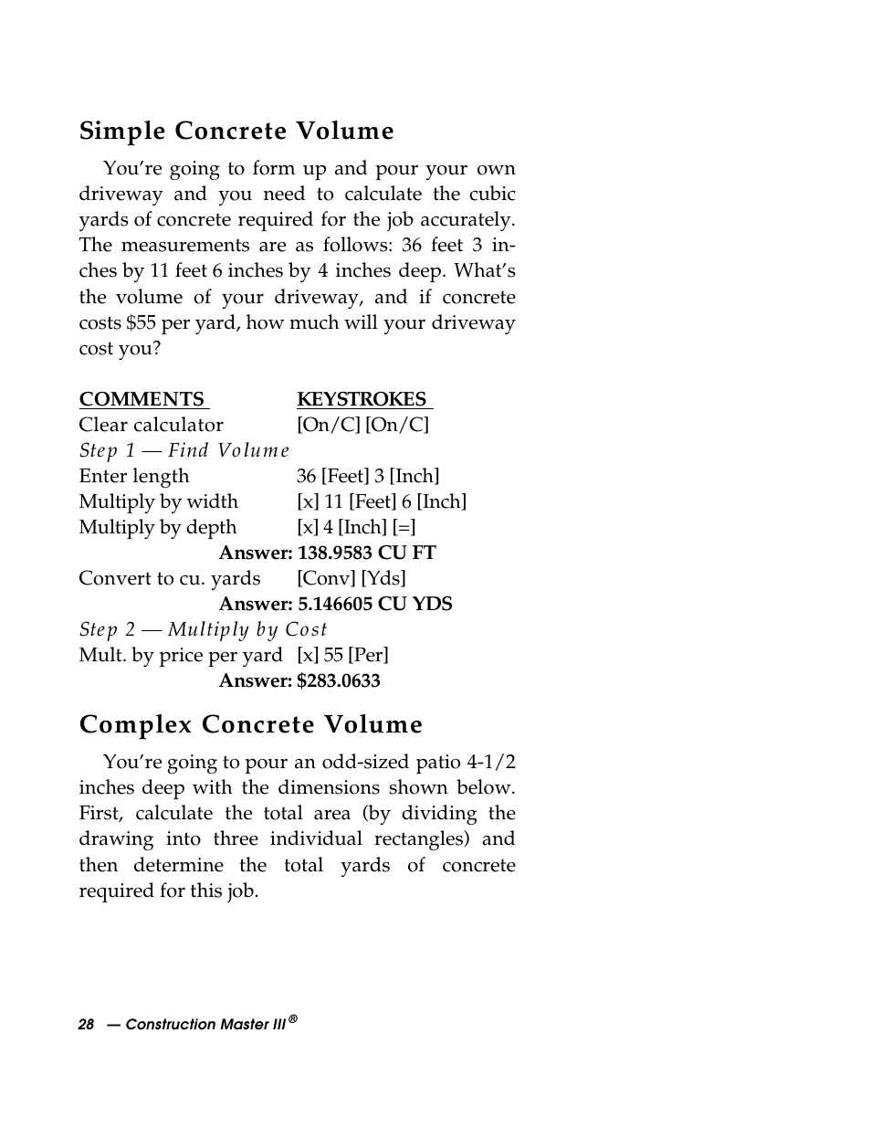 Simple concrete volume, Complex concrete volume | Calculated Industries 3088 User Manual | Page 28 / 55