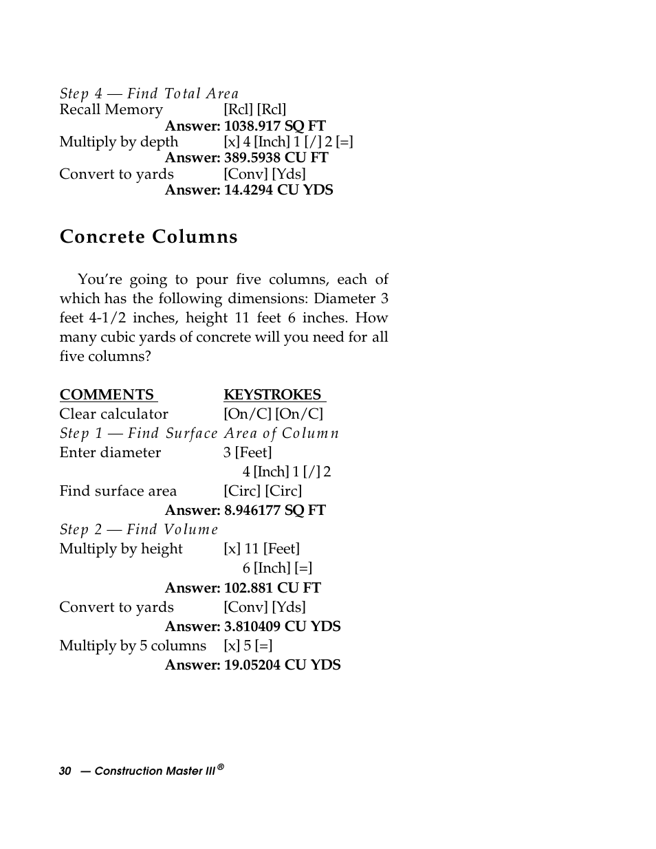 Concrete columns | Calculated Industries 3088 User Manual | Page 30 / 55