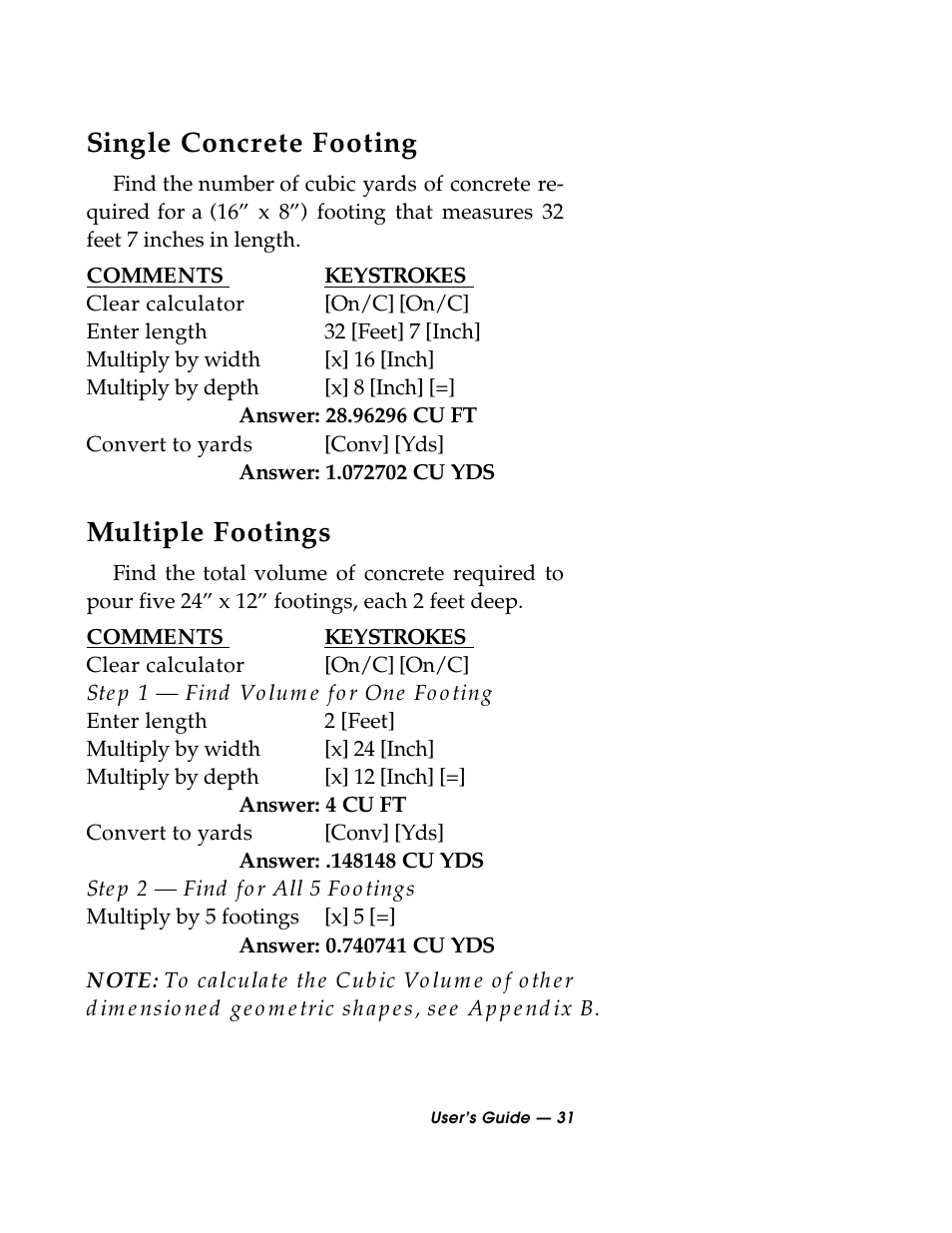 Single concrete footing, Multiple footings | Calculated Industries 3088 User Manual | Page 31 / 55