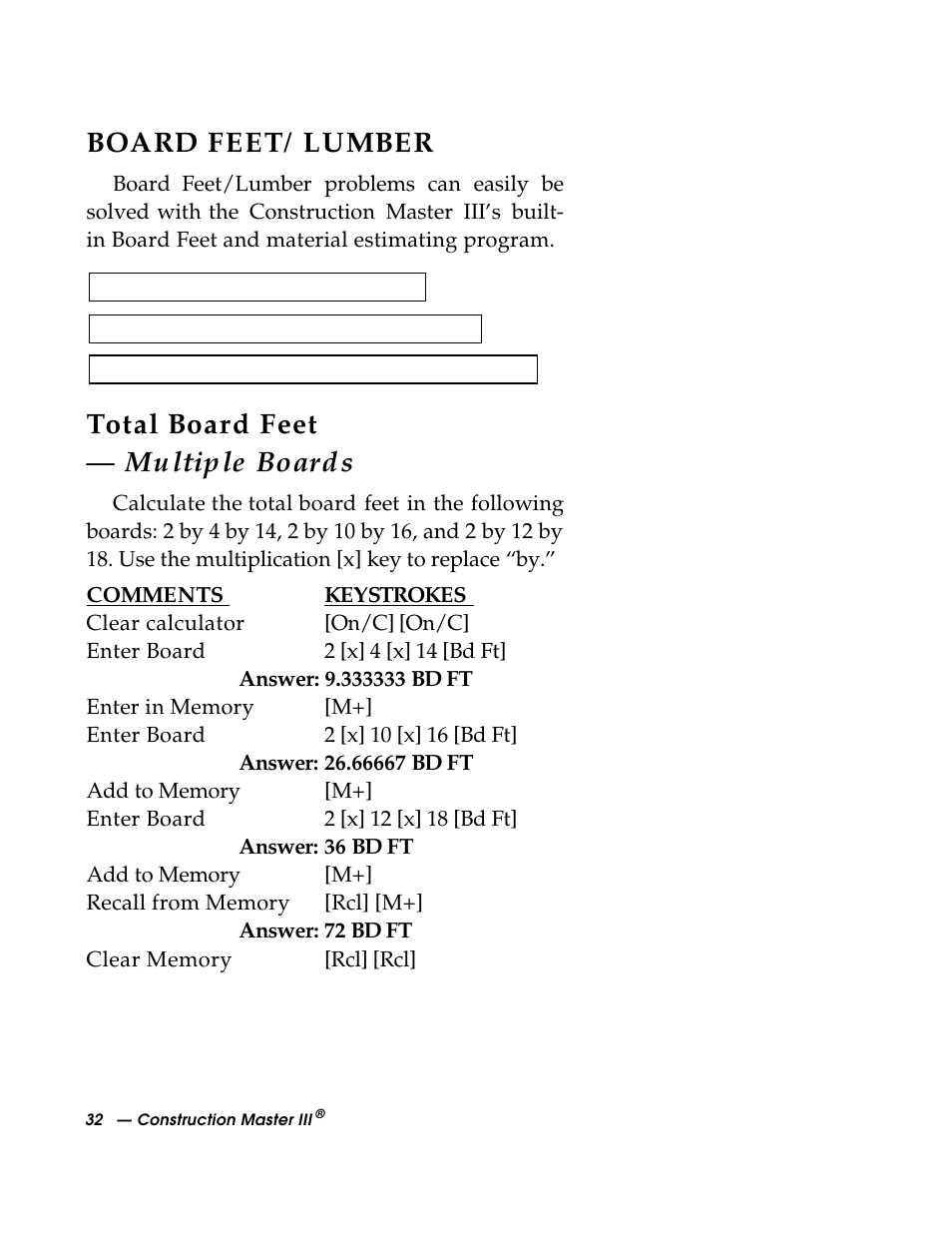 Board feet/lumber, Total board feet — multiple boards | Calculated Industries 3088 User Manual | Page 32 / 55
