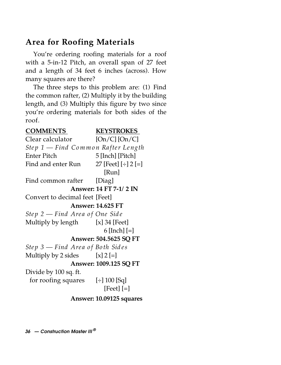 Area for roofing materials | Calculated Industries 3088 User Manual | Page 36 / 55