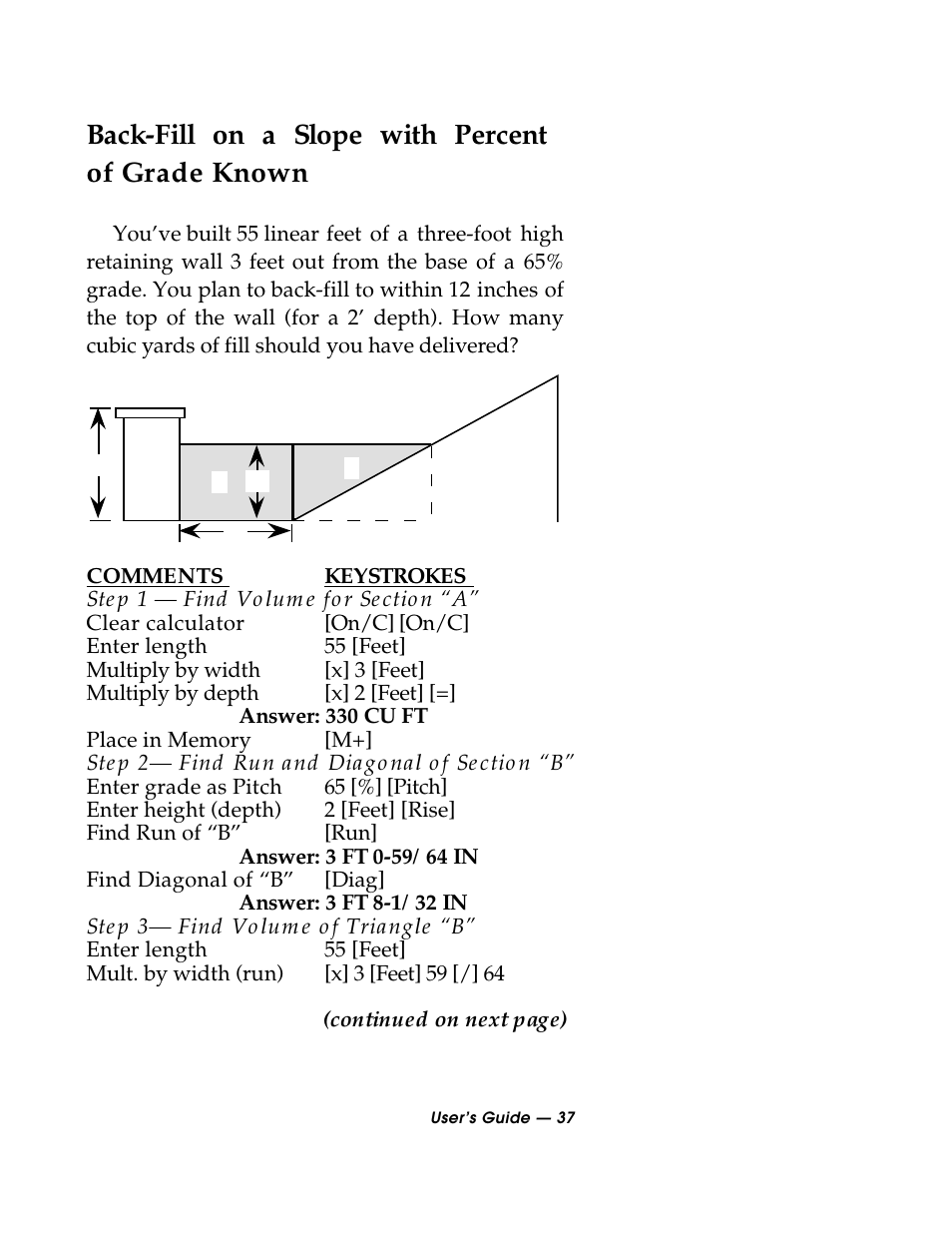Back-fill on a slope with percent of grade known | Calculated Industries 3088 User Manual | Page 37 / 55