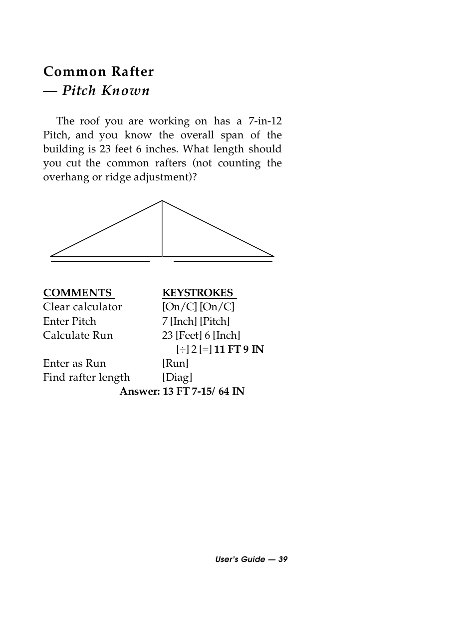 Common rafter — pitch known | Calculated Industries 3088 User Manual | Page 39 / 55
