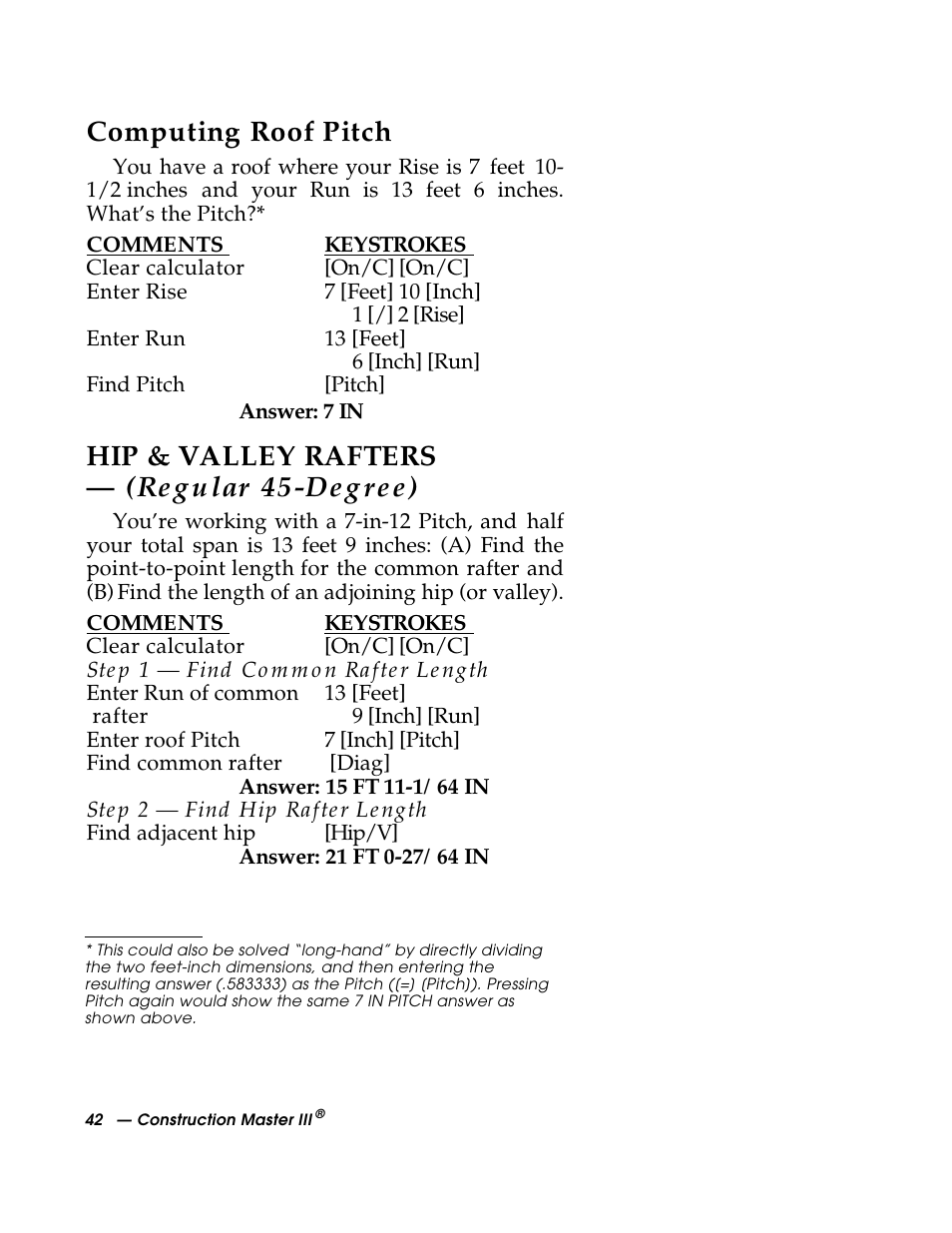 Computing roof pitch, Hip & valley rafters — (regular 45-degree) | Calculated Industries 3088 User Manual | Page 42 / 55