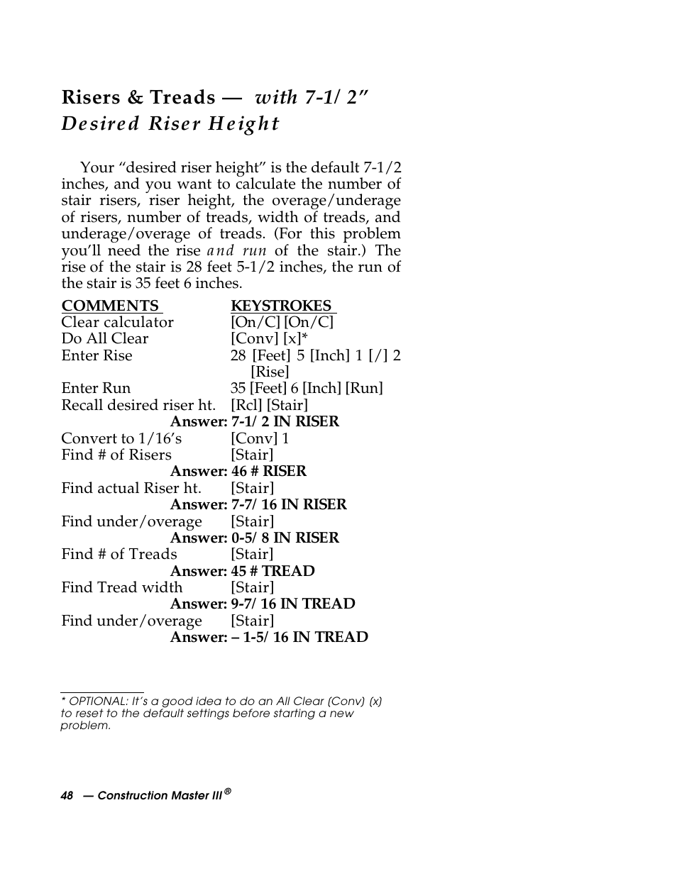 Risers & treads — with 7-1/2” desired riser height | Calculated Industries 3088 User Manual | Page 48 / 55