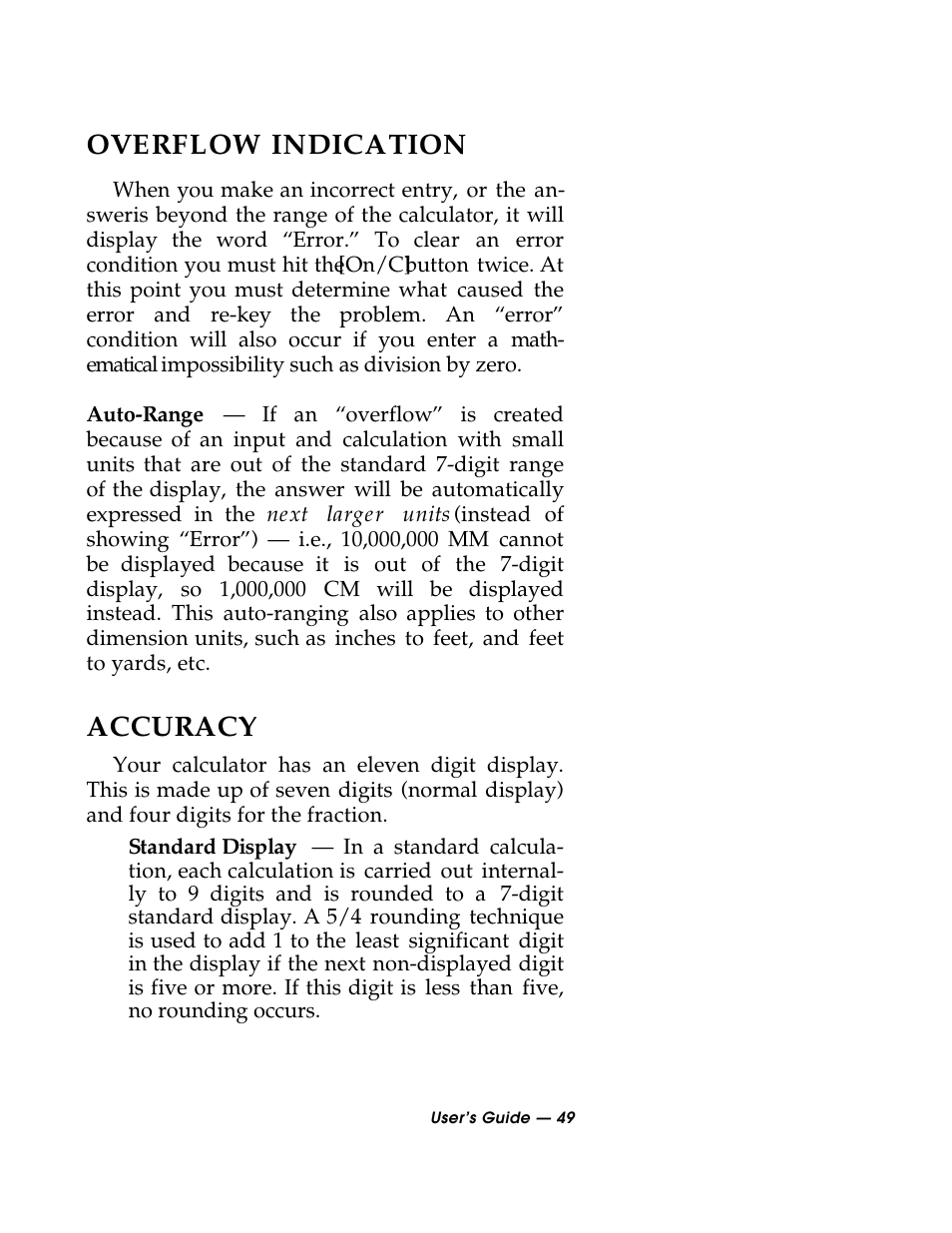 Overflow indication, Accuracy | Calculated Industries 3088 User Manual | Page 49 / 55