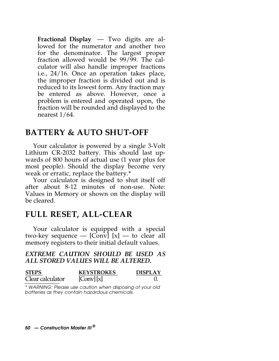 Battery & auto shut-off, Full reset, all-clear | Calculated Industries 3088 User Manual | Page 50 / 55