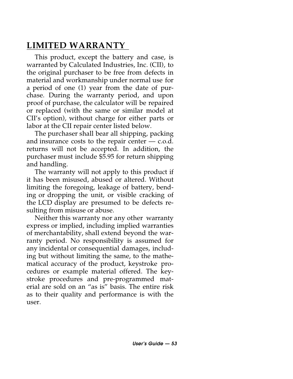 Limited warranty | Calculated Industries 3088 User Manual | Page 53 / 55