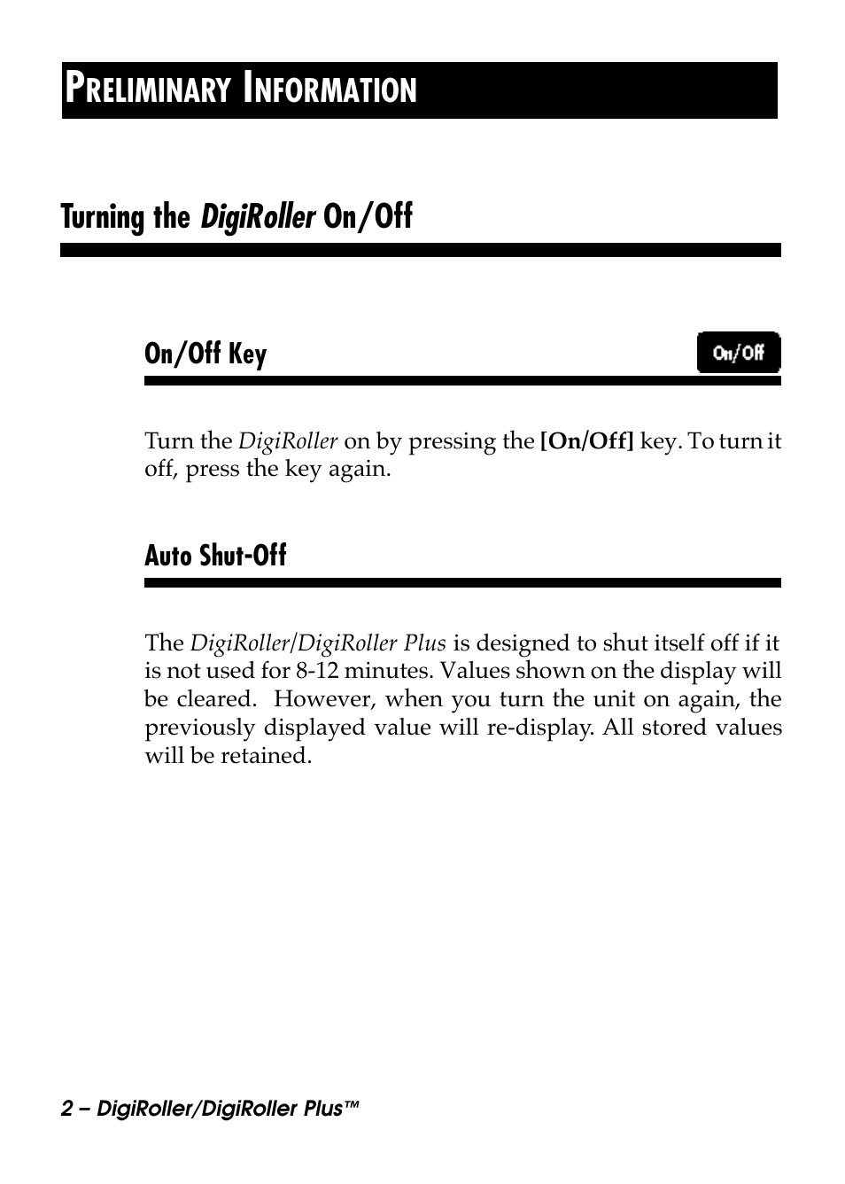 Turning the digiroller on/off, Reliminary, Nformation | Calculated Industries 6414 User Manual | Page 4 / 51