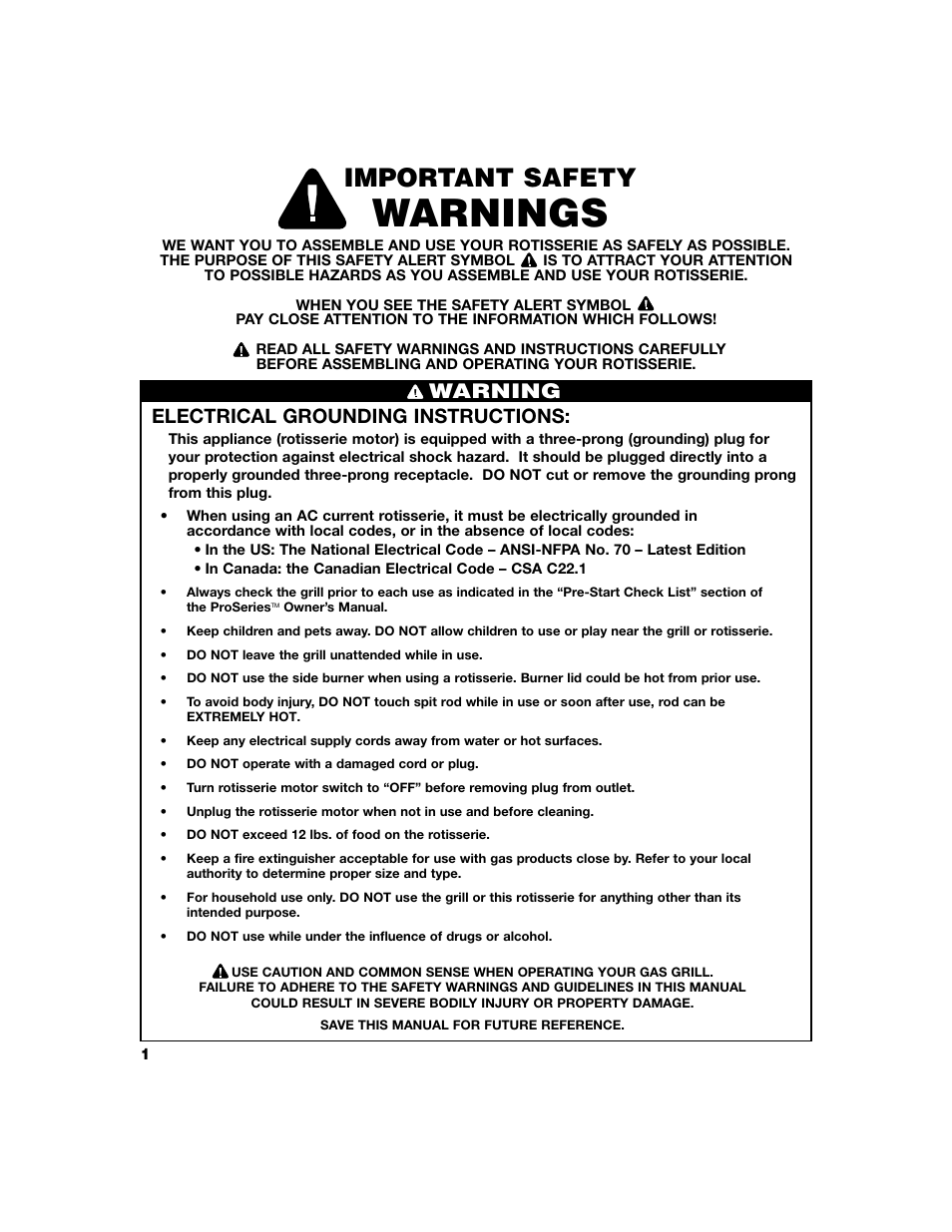 Warnings, Important safety, Warning | Electrical grounding instructions | Brinkmann ProSeries User Manual | Page 2 / 8