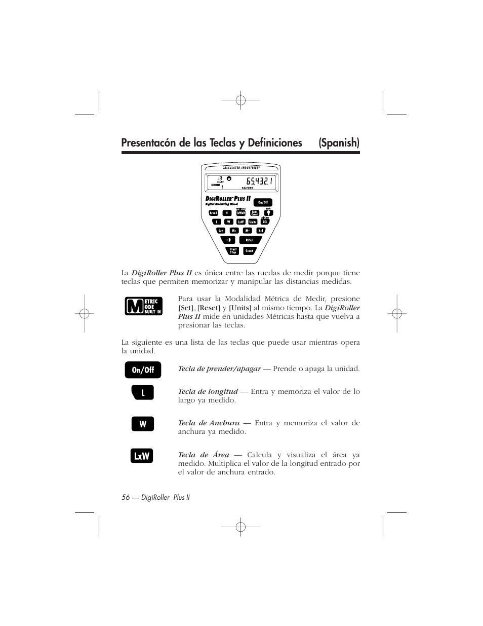 Presentacón de las teclas y definiciones (spanish) | Calculated Industries 6425-C User Manual | Page 58 / 64