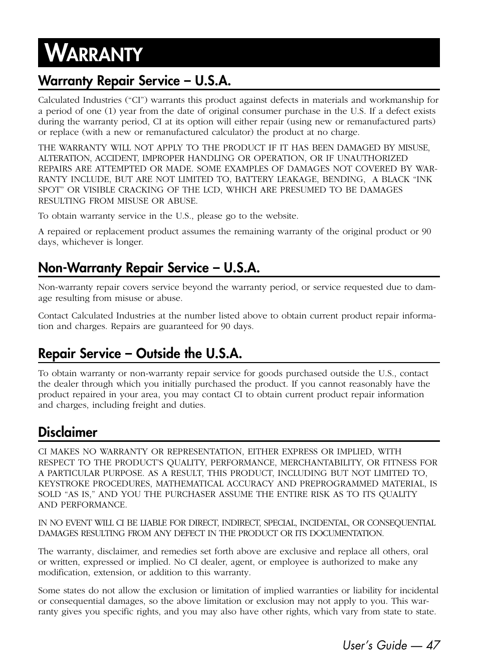 Arranty | Calculated Industries 6425-D User Manual | Page 49 / 64