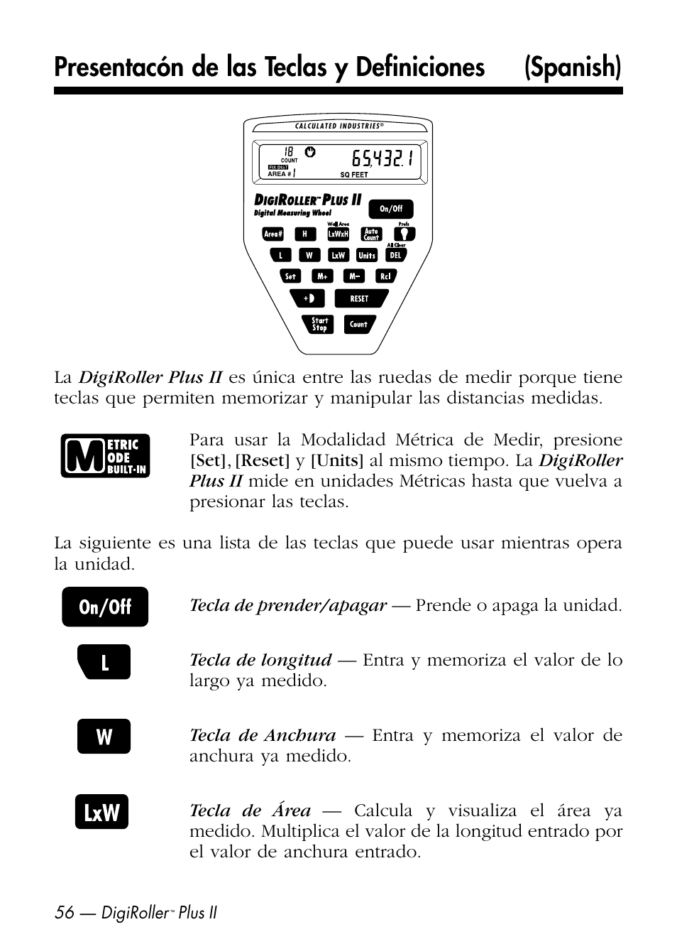 Presentacón de las teclas y definiciones (spanish) | Calculated Industries 6425-D User Manual | Page 58 / 64