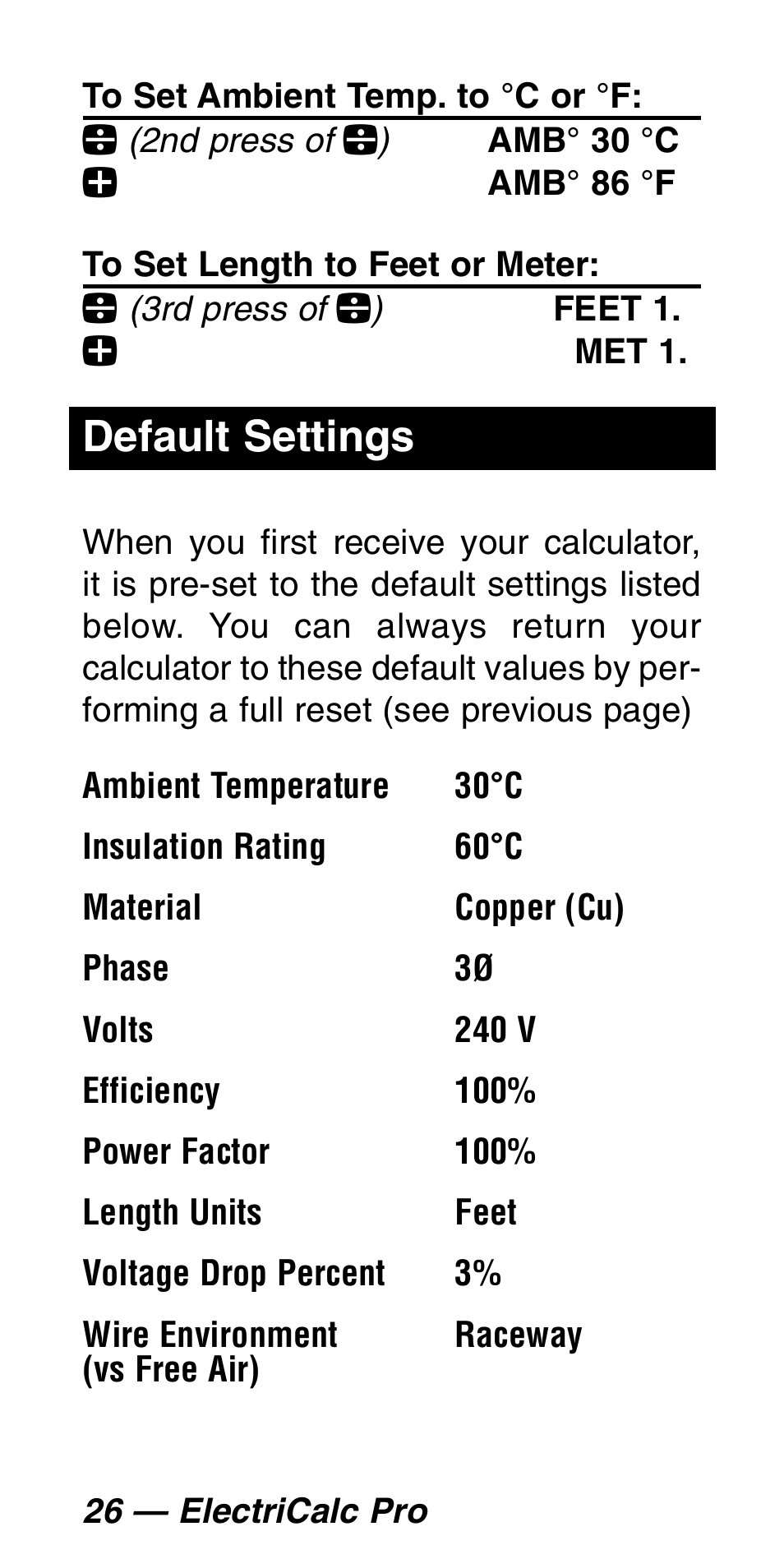 Default settings | Calculated Industries 5060 User Manual | Page 28 / 70