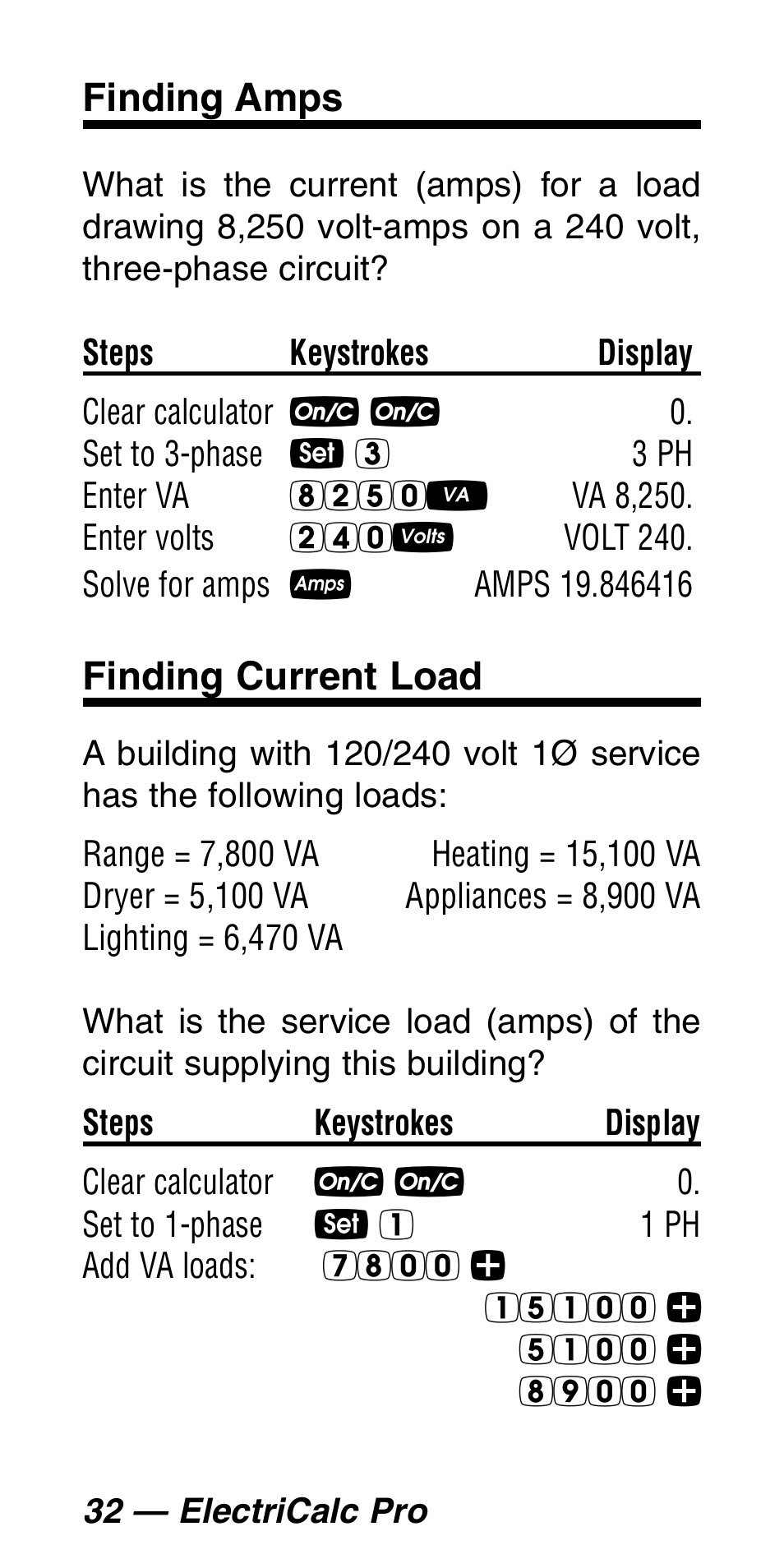 Finding amps, Finding current load | Calculated Industries 5060 User Manual | Page 34 / 70
