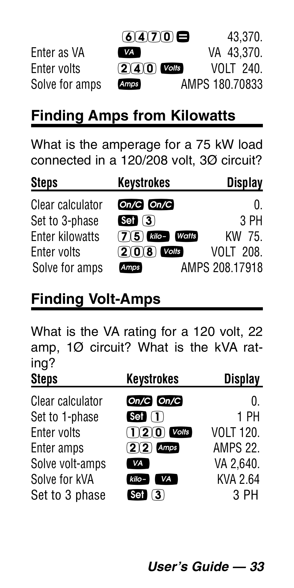 Finding amps from kilowatts, Finding volt-amps | Calculated Industries 5060 User Manual | Page 35 / 70