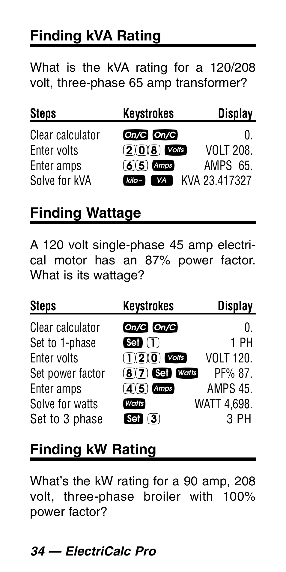 Finding kva rating, Finding wattage, Finding kw rating | Calculated Industries 5060 User Manual | Page 36 / 70