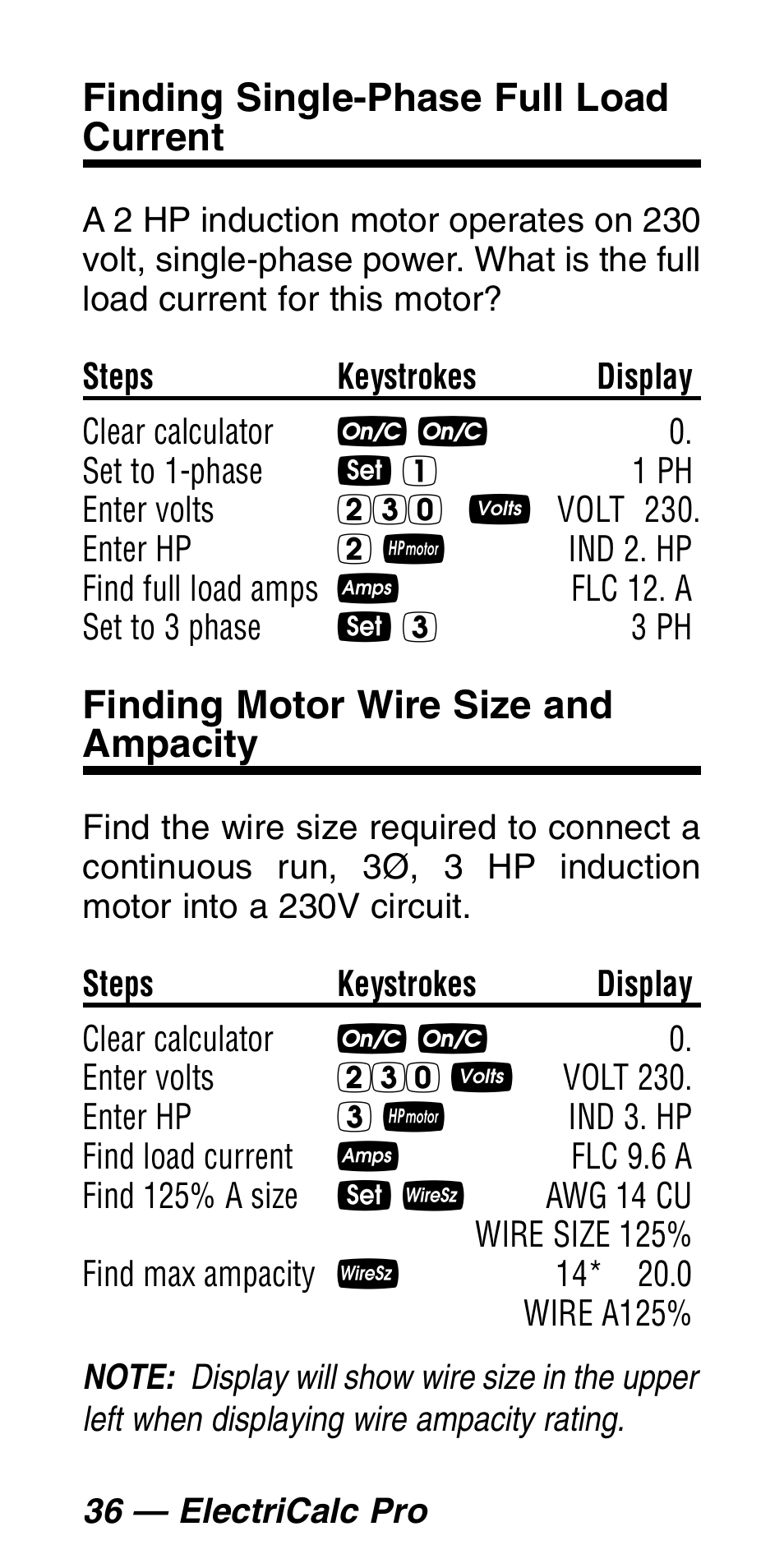 Finding single-phase full load current, Finding motor wire size and ampacity | Calculated Industries 5060 User Manual | Page 38 / 70