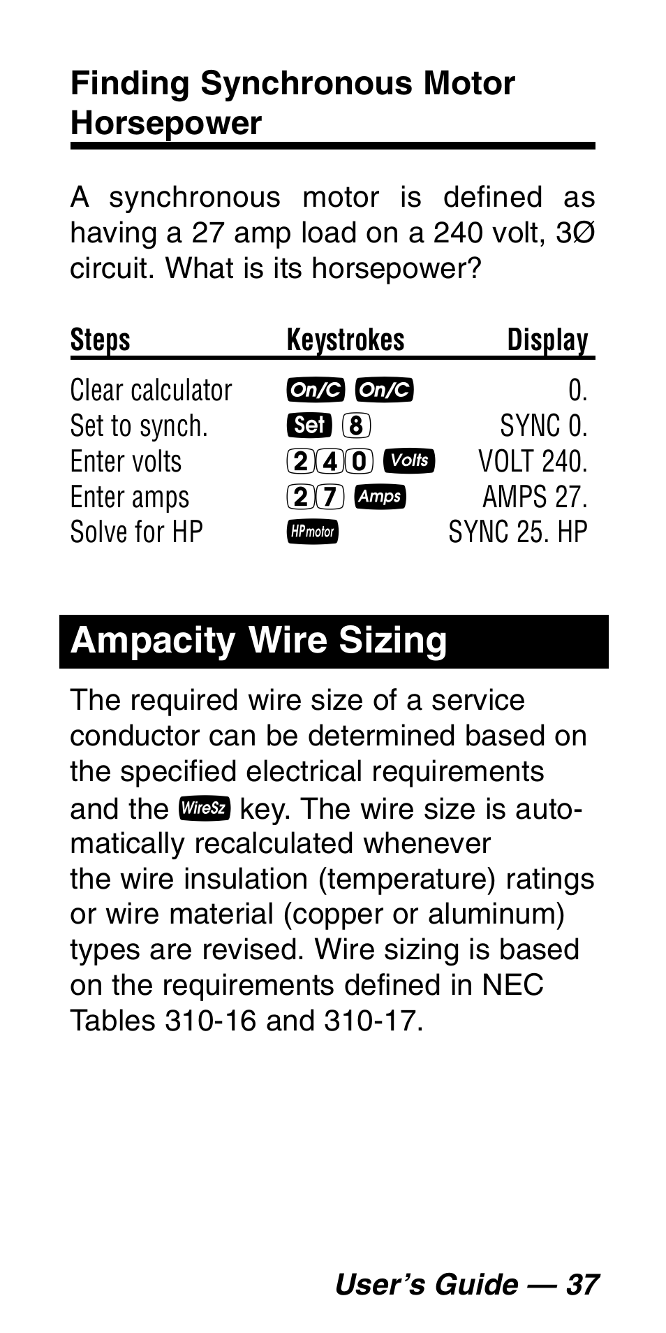 Ampacity wire sizing, Finding synchronous motor horsepower | Calculated Industries 5060 User Manual | Page 39 / 70