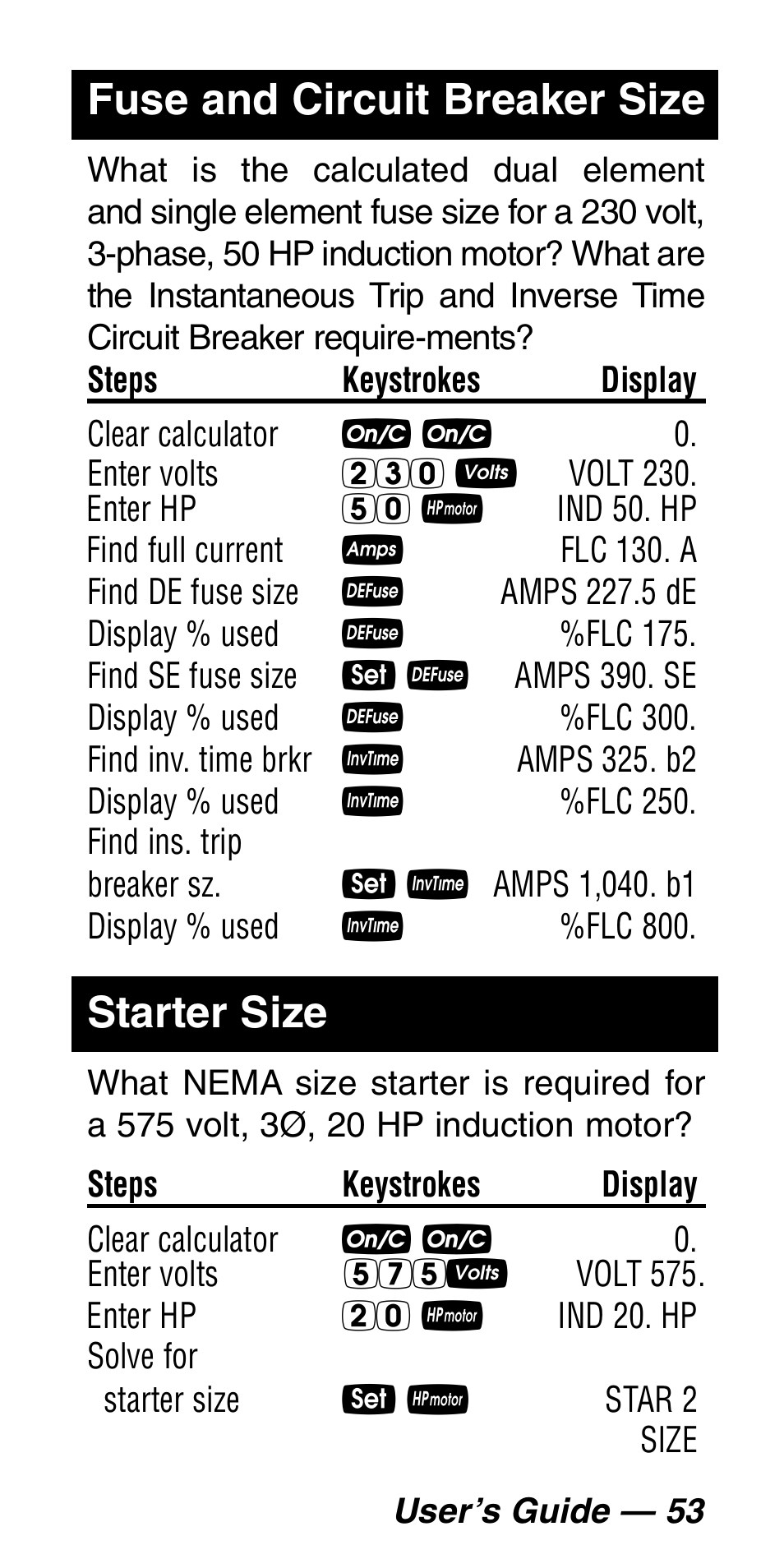 Fuse and circuit breaker size, Starter size | Calculated Industries 5060 User Manual | Page 55 / 70