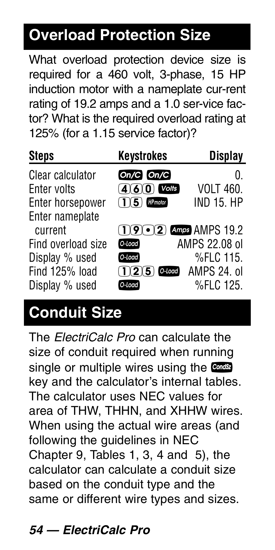 Overload protection size, Conduit size | Calculated Industries 5060 User Manual | Page 56 / 70