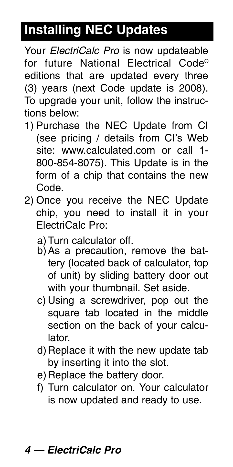 Installing nec updates | Calculated Industries 5060 User Manual | Page 6 / 70