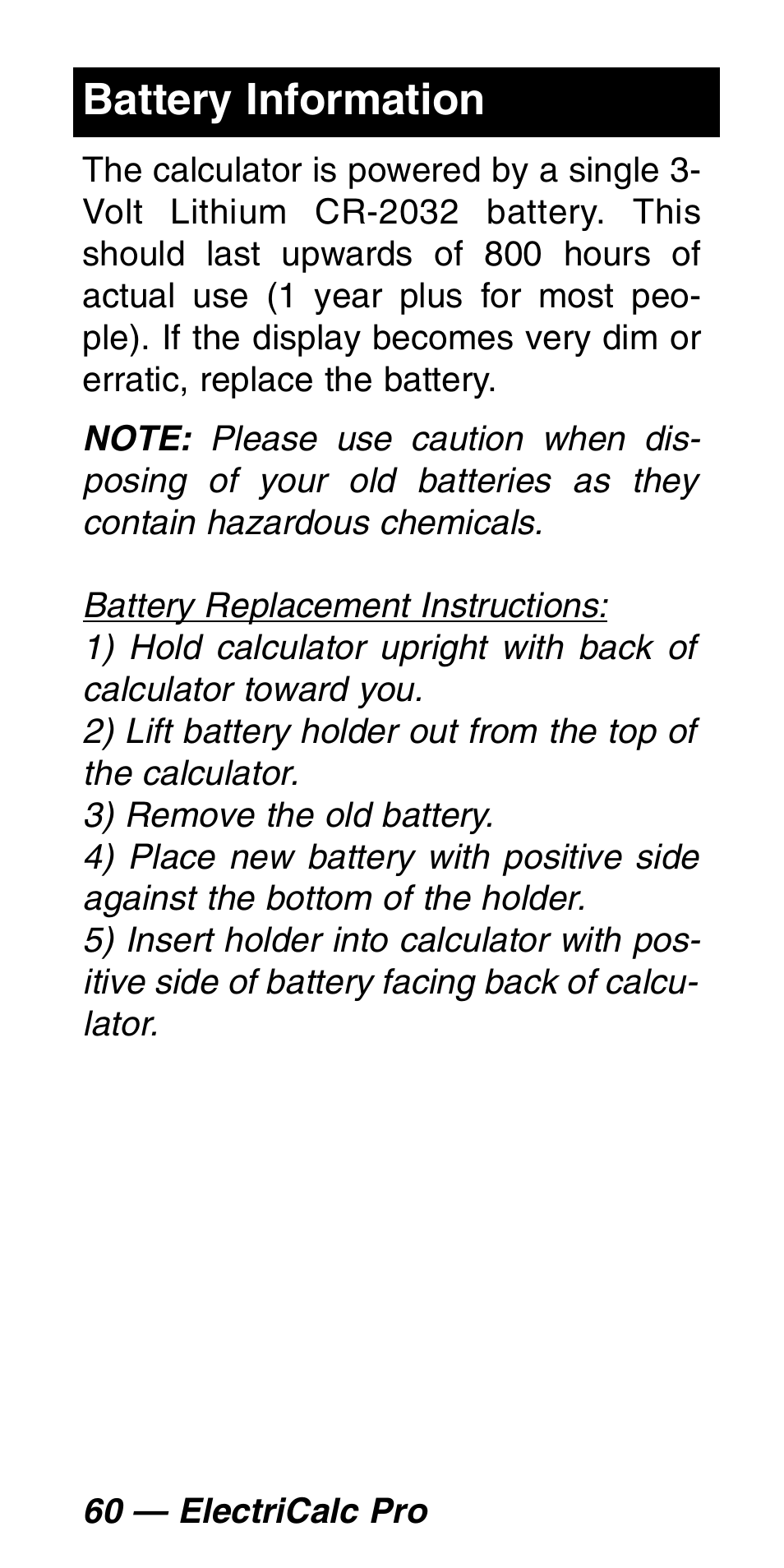 Battery information | Calculated Industries 5060 User Manual | Page 62 / 70