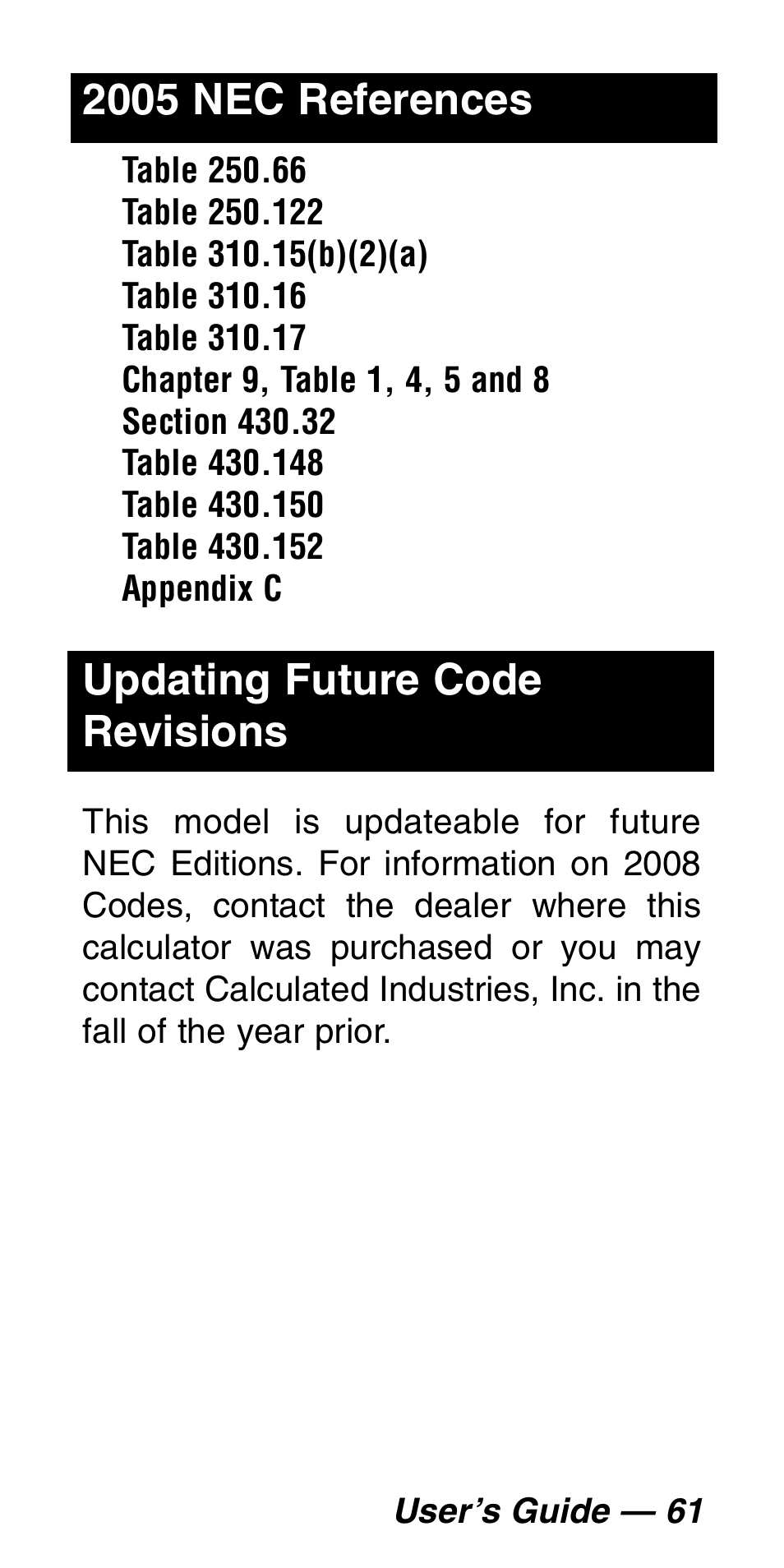 2005 nec references, Updating future code revisions | Calculated Industries 5060 User Manual | Page 63 / 70