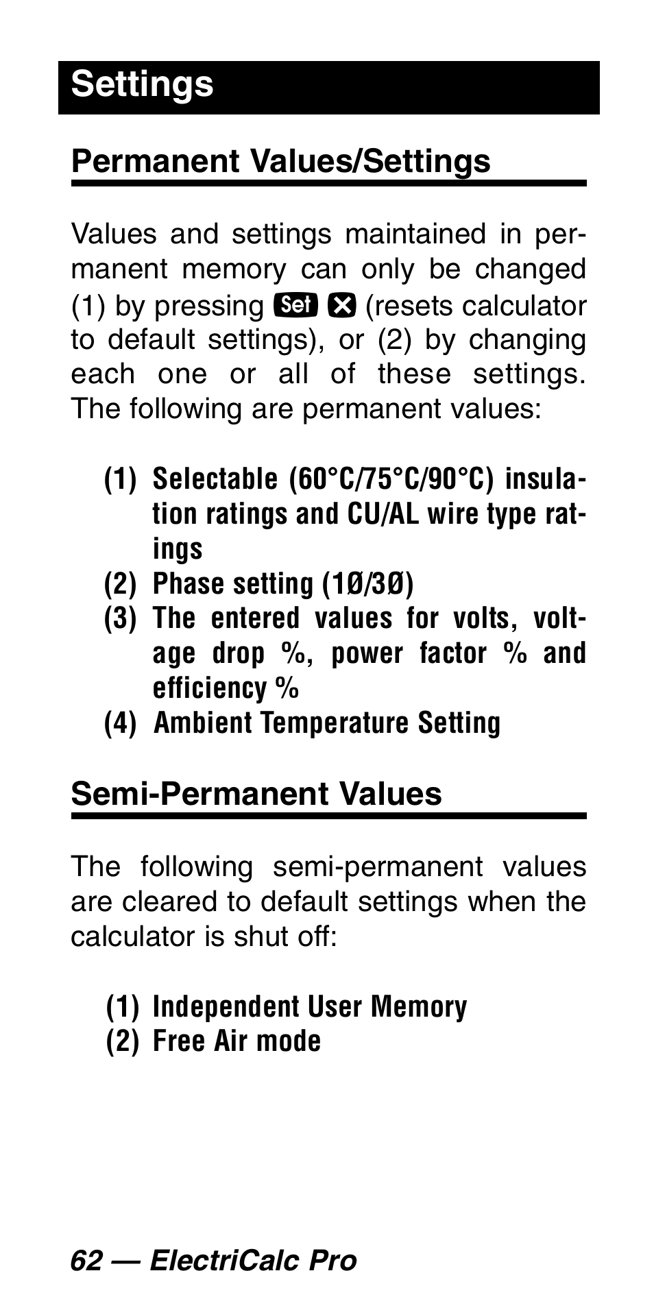 Settings | Calculated Industries 5060 User Manual | Page 64 / 70