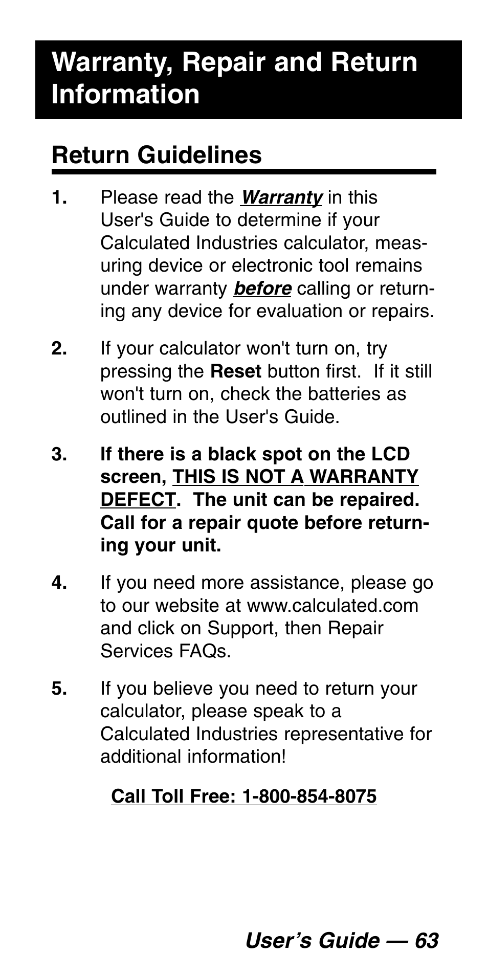 Warranty, repair and return information, Return guidelines | Calculated Industries 5060 User Manual | Page 65 / 70