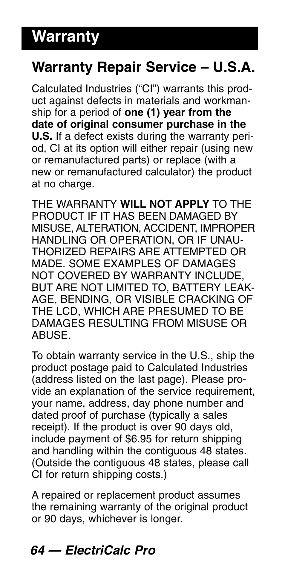 Warranty, Warranty repair service – u.s.a | Calculated Industries 5060 User Manual | Page 66 / 70