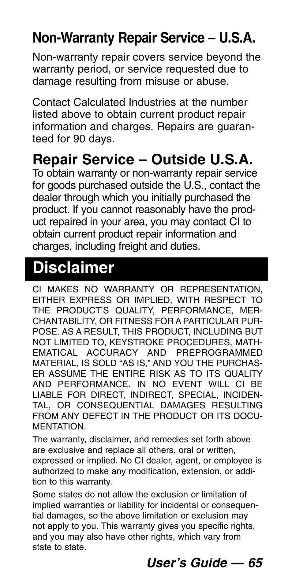 Disclaimer, Non-warranty repair service – u.s.a, Repair service – outside u.s.a | User’s guide — 65 | Calculated Industries 5060 User Manual | Page 67 / 70