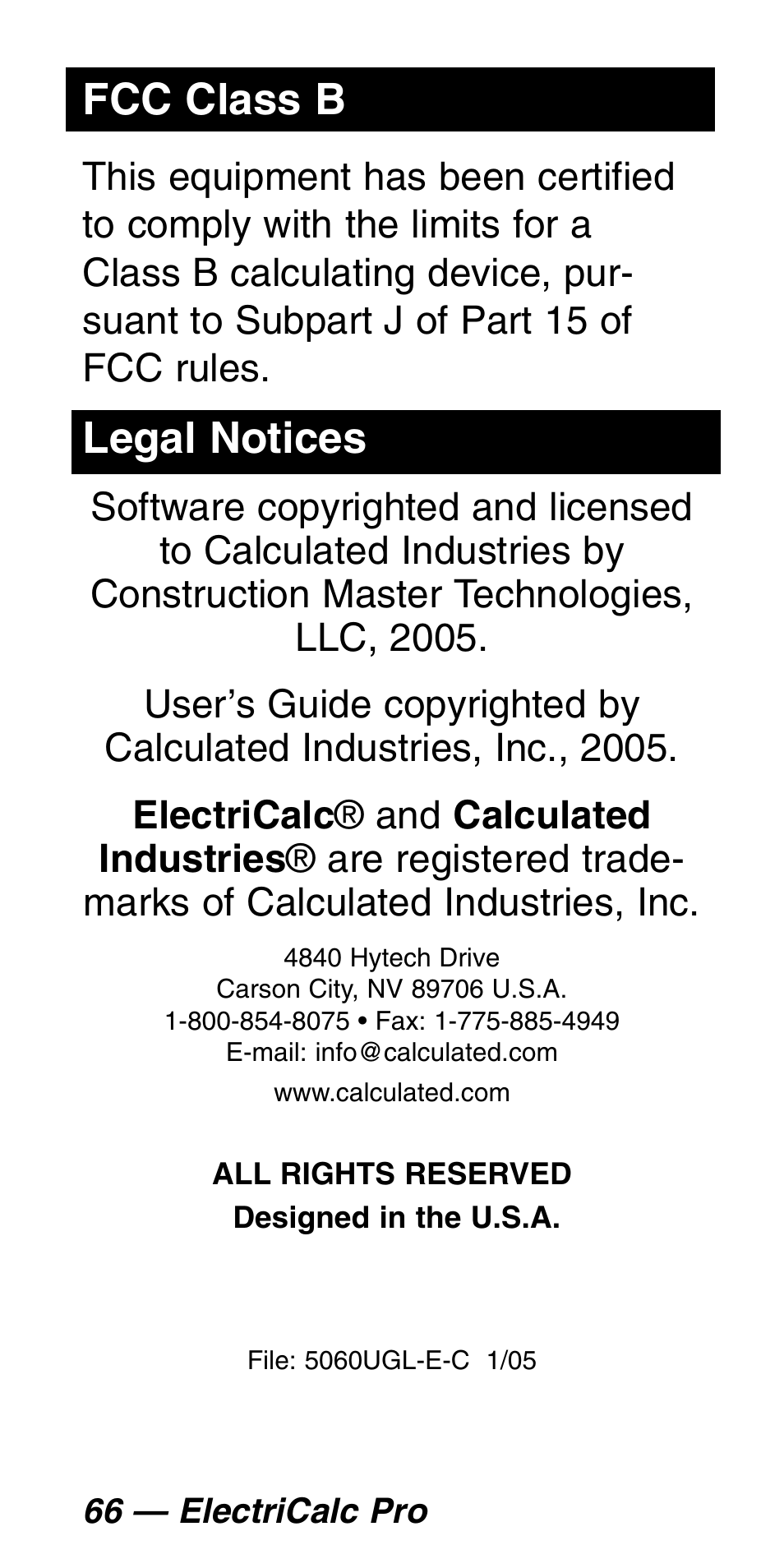Fcc class b, Legal notices | Calculated Industries 5060 User Manual | Page 68 / 70