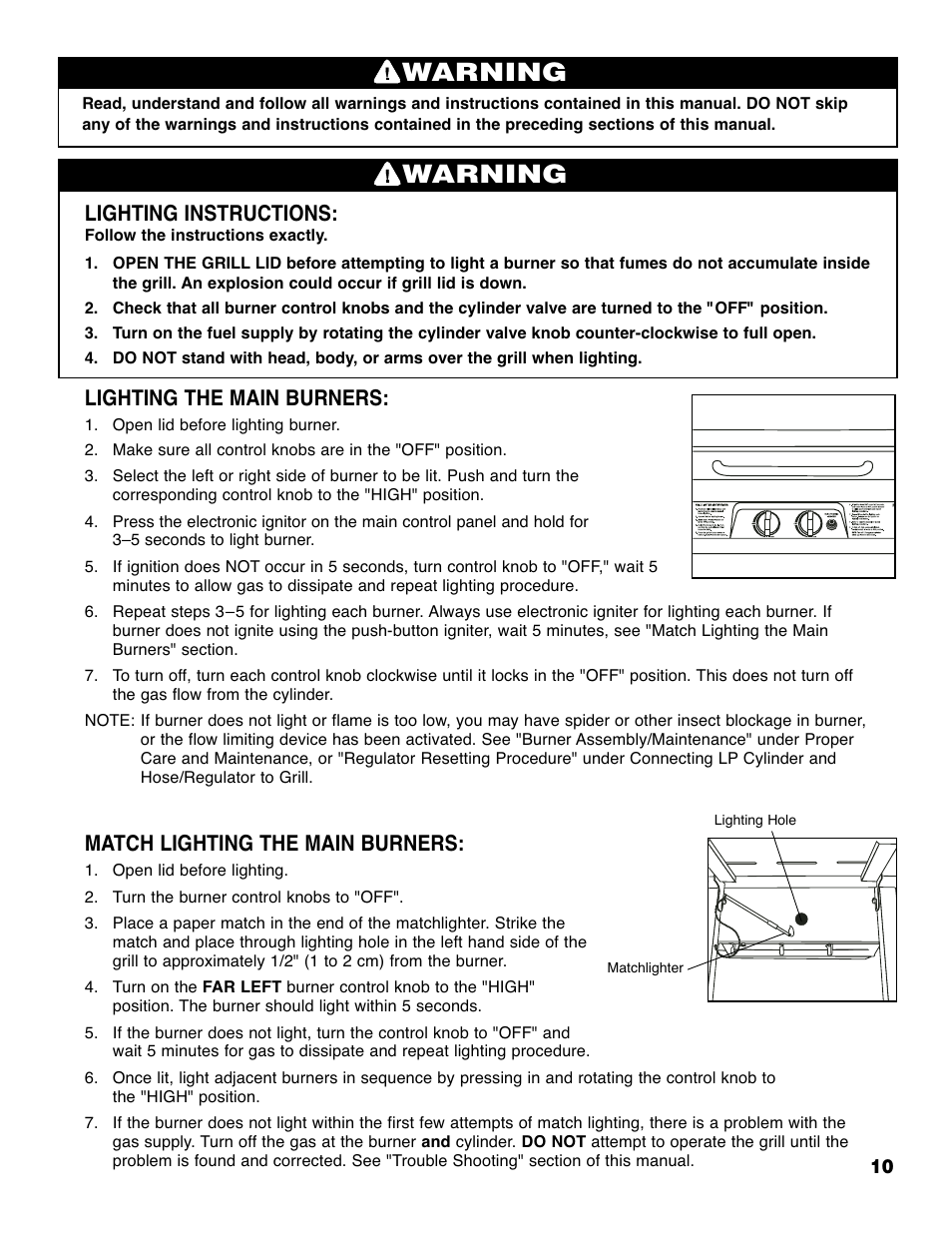 Warning, Lighting instructions, Lighting the main burners | Match lighting the main burners | Brinkmann 4210 User Manual | Page 11 / 32