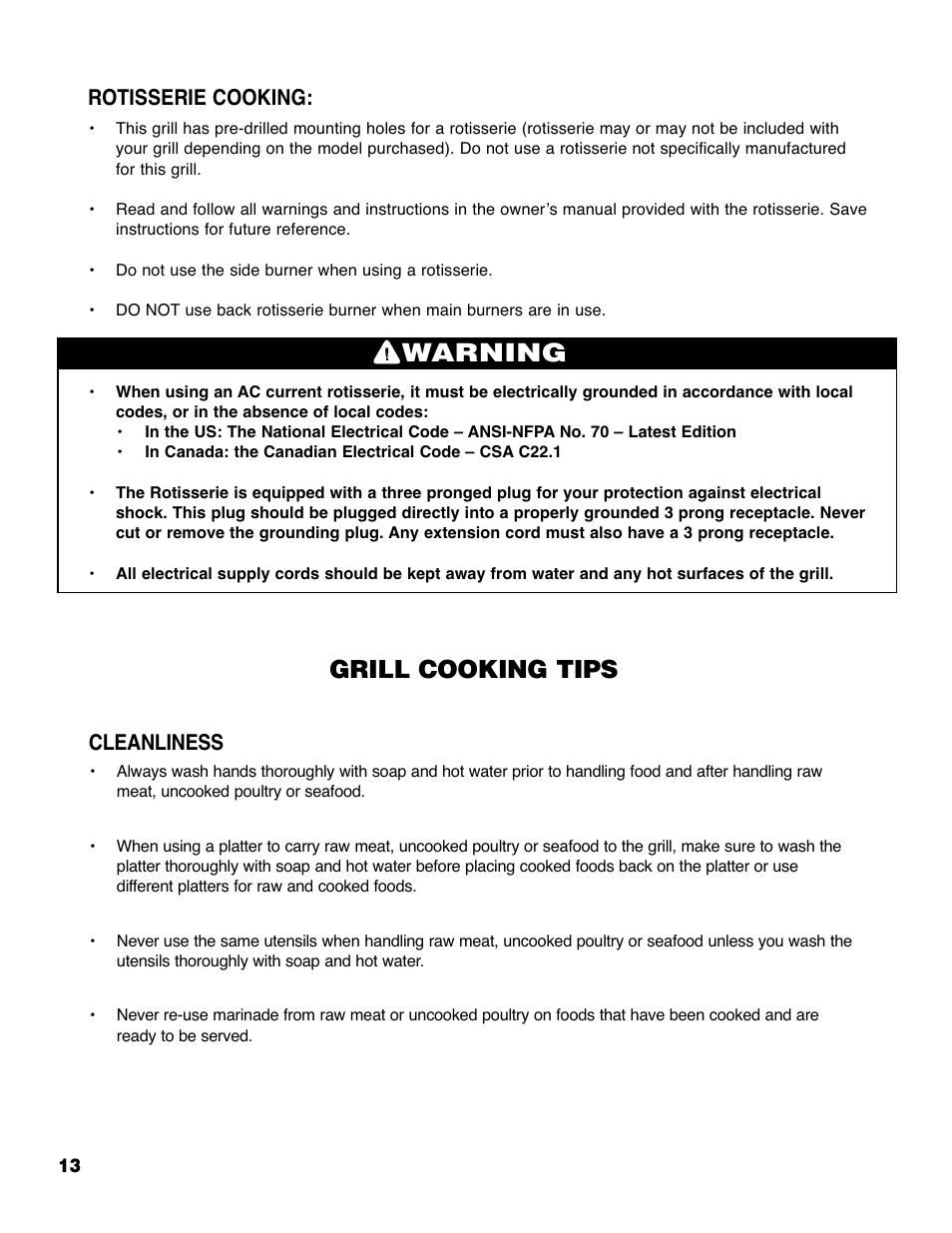 Warning, Grill cooking tips, Rotisserie cooking | Cleanliness | Brinkmann 4210 User Manual | Page 14 / 32