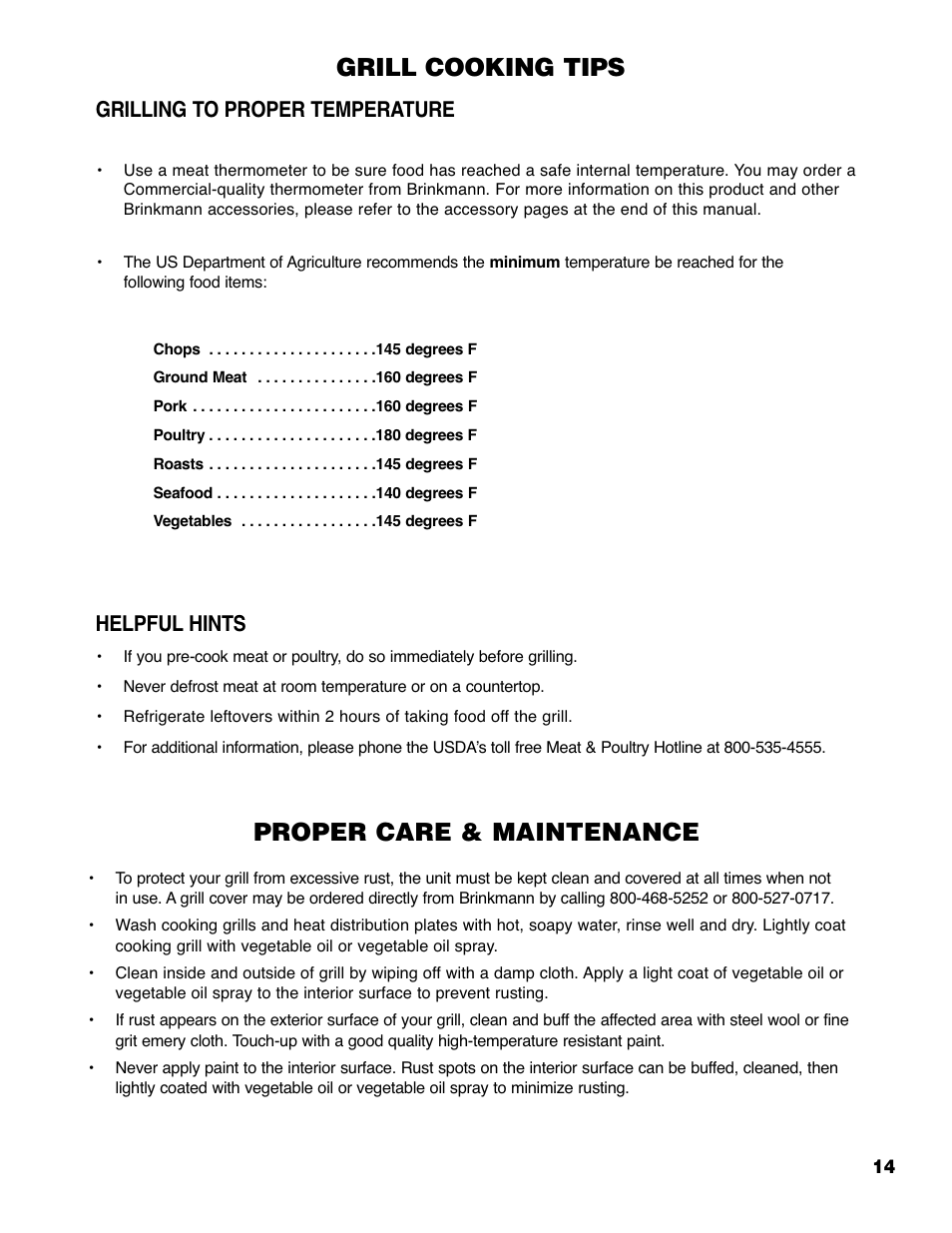 Grill cooking tips, Proper care & maintenance, Grilling to proper temperature | Helpful hints | Brinkmann 4210 User Manual | Page 15 / 32