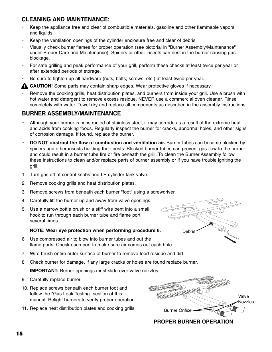 Burner assembly/maintenance, Cleaning and maintenance | Brinkmann 4210 User Manual | Page 16 / 32
