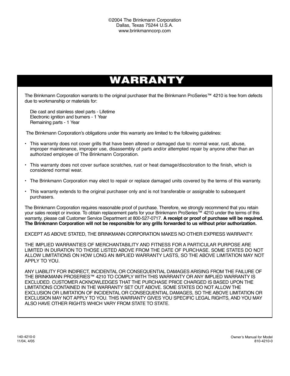 Warranty | Brinkmann 4210 User Manual | Page 32 / 32