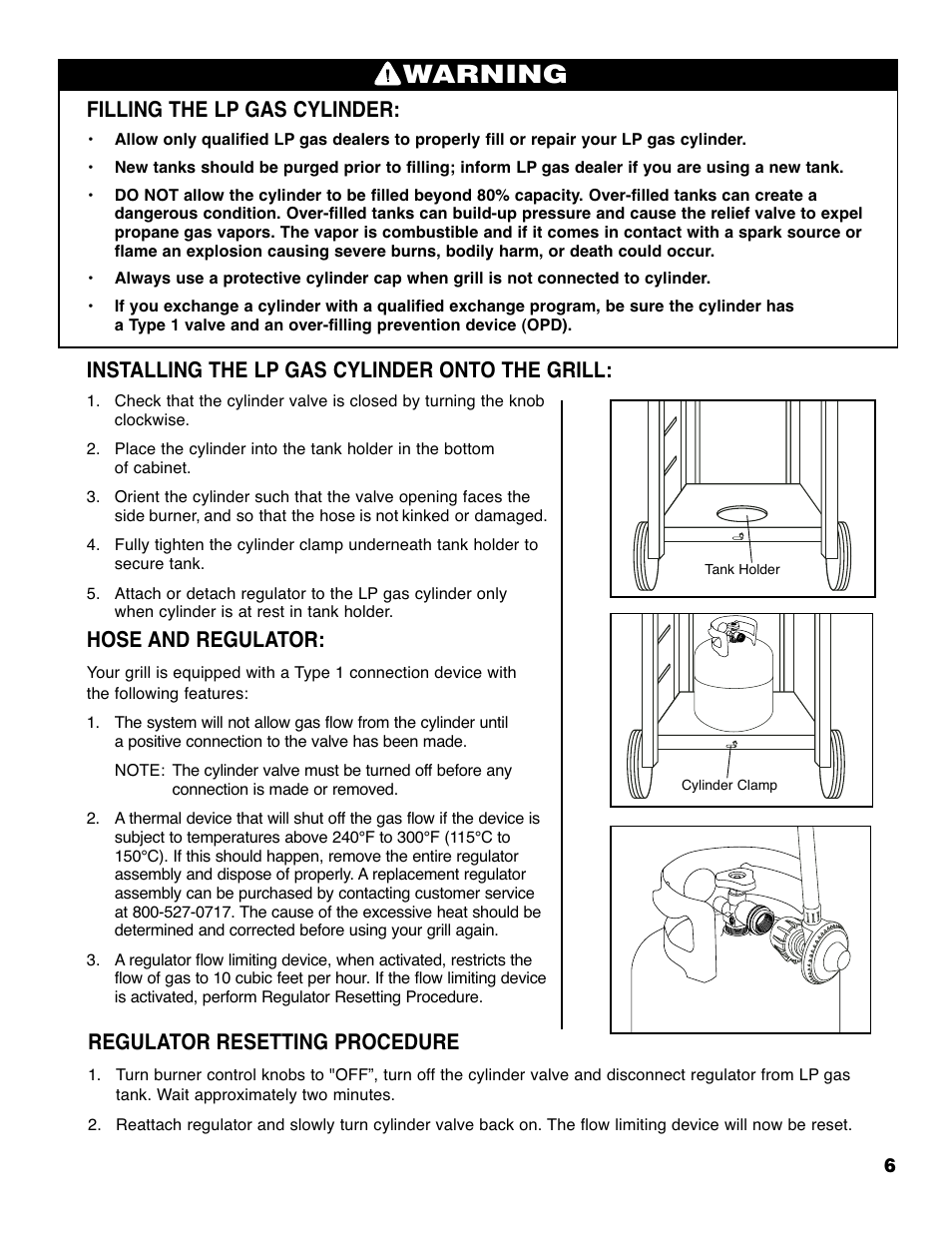 Warning, Filling the lp gas cylinder, Installing the lp gas cylinder onto the grill | Hose and regulator, Regulator resetting procedure | Brinkmann 4210 User Manual | Page 7 / 32
