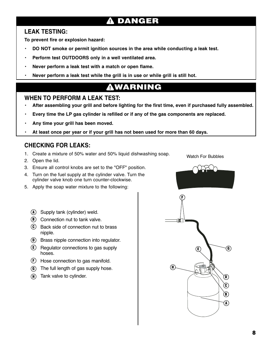 Warning, Danger, Leak testing | When to perform a leak test, Checking for leaks | Brinkmann 4210 User Manual | Page 9 / 32