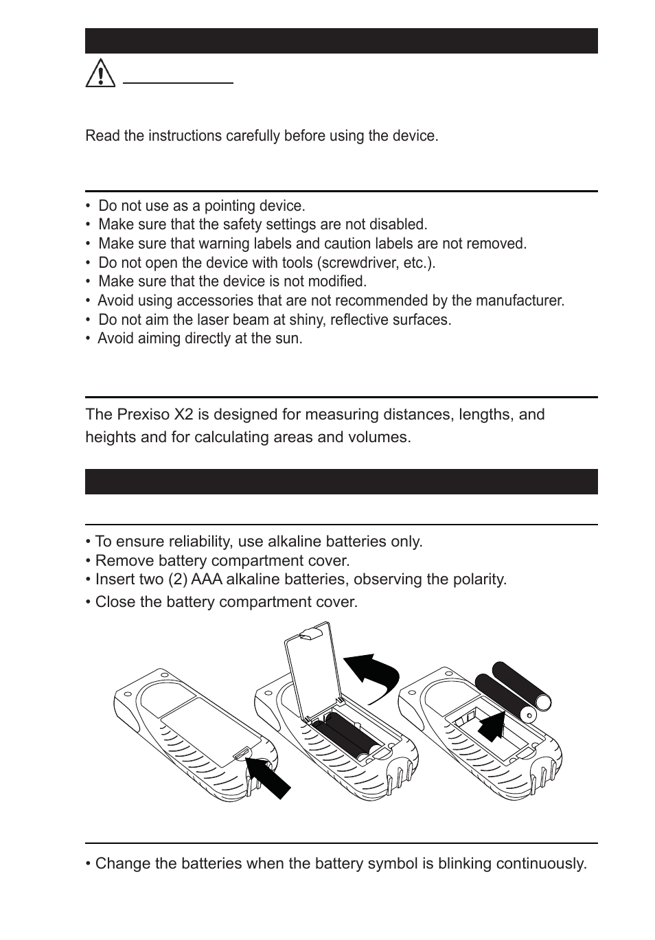 Danger, General safety rules, Safe practices for using the prexiso x2 | Correct usage, Initial operation insert the batteries, Changing the batteries | Calculated Industries 3350 User Guide User Manual | Page 3 / 12