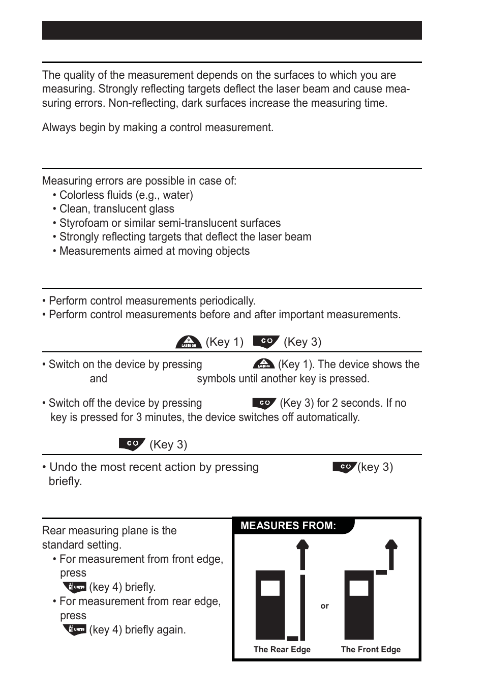 How to use measuring conditions, Measurement errors, For consistently accurate measurements | Switching on/off, Clear key, Adjusting the measuring plane | Calculated Industries 3350 User Guide User Manual | Page 4 / 12