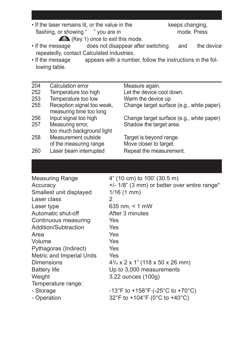 Troubleshooting, Specifications | Calculated Industries 3350 User Guide User Manual | Page 7 / 12